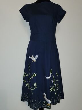 Wayward Fancies Embroidered Bird Midi Dress Navy Cotton Cottagecore XS S